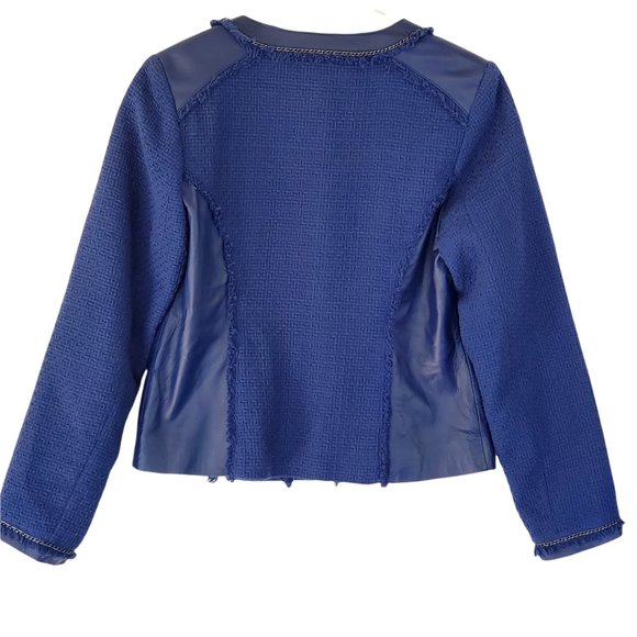 Saks Fifth Avenue Women's M Blue Leather Trim Cotton Waffle Weave Lined Jacket - Picture 2 of 12